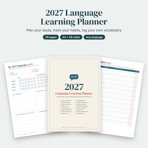 May include: A 2027 language learning planner with 29 pages in A4 and US Letter sizes. The cover features the text 2027 Language Learning Planner and a speech bubble icon. Interior pages include sections for language goals and a vocabulary log.
