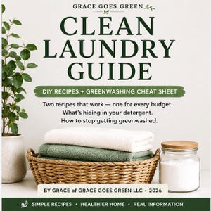 Puede incluir: Una guía de lavandería limpia de Grace Goes Green LLC 2026 con recetas caseras y una hoja informativa sobre greenwashing. El texto incluye información sobre ingredientes de detergentes y cómo evitar el greenwashing, con una cesta y un frasco.