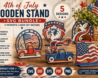 4th of July Wooden Stand SVG Bundle | Patriotic Laser Cut Files | American Flag Eagle Truck Decor | CNC Wood Sign SVG  Dxf Png | Glowforge