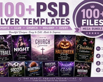 100+ PSD Flyer Templates Mega Bundle | Sports, Club, Church, Holiday & Event Flyer Pack | Editable Photoshop Templates | Instant Download