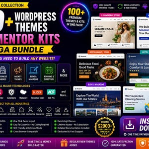May include: A digital marketing graphic for a bundle of 100+ WordPress themes and Elementor kits. The black background features white and yellow text, icons for various web technologies, and several small website previews for different industries.