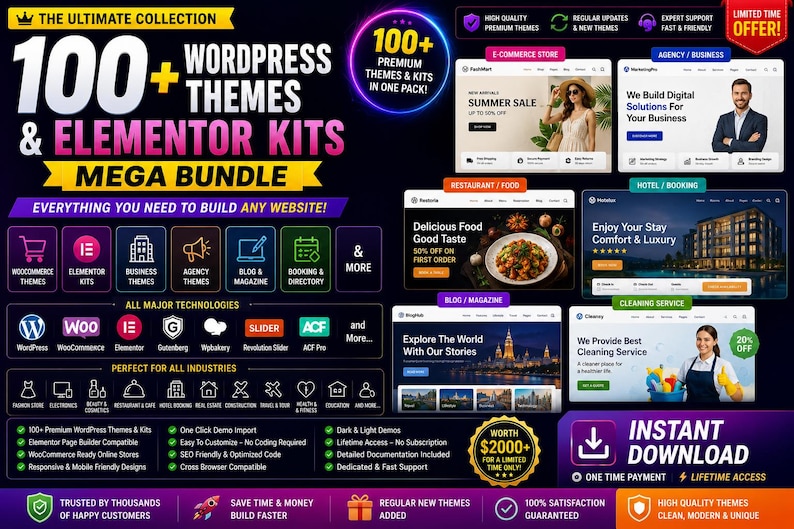 May include: A digital marketing graphic for a bundle of 100+ WordPress themes and Elementor kits. The black background features white and yellow text, icons for various web technologies, and several small website previews for different industries.