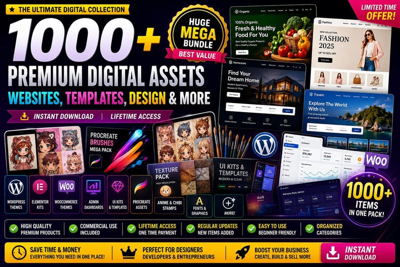 1000+ premium digitale activabundel | WordPress-thema's, Shopify-sjablonen, Procreate-penselen, UI-kits, WooCommerce en grafisch ontwerphulpmiddel afbeelding 2