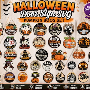 Puede incluir: Una colección digital de 48 diseños de letreros circulares para puertas con temática de Halloween en formatos SVG y PNG. Los gráficos presentan ilustraciones en naranja, negro y blanco de calabazas, fantasmas, gatos, murciélagos, brujas y textos.