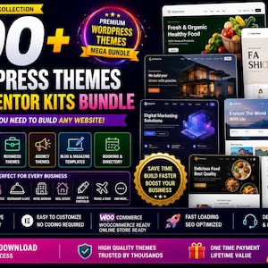 May include: A digital promotional graphic for a bundle of 100+ WordPress themes and Elementor kits. The image displays multiple website layout previews, icons for various business categories, and text highlights including features like responsive design.