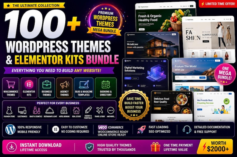 May include: A digital promotional graphic for a bundle of 100+ WordPress themes and Elementor kits. The image displays multiple website layout previews, icons for various business categories, and text highlights including features like responsive design.