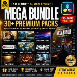 May include: A digital product advertisement for The Ultimate Da Vinci Resolve Mega Bundle featuring 30+ premium packs, 20GB+ of files, and lifetime access. The graphic displays various video editing assets including LUTs, transitions, overlays, and templates.