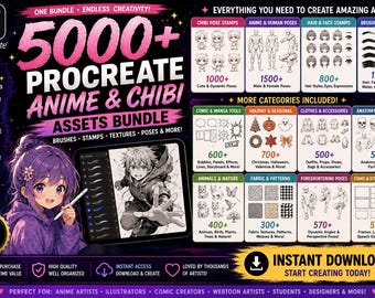 Bundel 5000+ Procreate Anime & Chibi-penselen | Posestempels, mangaborstels, haar- en textuurborstels, stripitems, direct downloaden