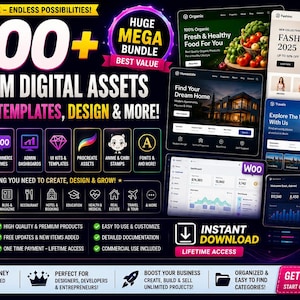 Op de afbeelding: Een digitale marketingafbeelding met de tekst 1000+ PREMIUM DIGITAL ASSETS, WEBSITES, TEMPLATES, DESIGN & MORE! De afbeelding toont diverse voorbeelden van website-interfaces, iconen voor software zoals WordPress en Elementor, en tekstvakken die functies benadrukken zoals directe download en levenslange toegang.