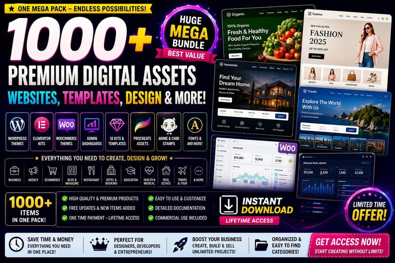 Op de afbeelding: Een digitale marketingafbeelding met de tekst 1000+ PREMIUM DIGITAL ASSETS, WEBSITES, TEMPLATES, DESIGN & MORE! De afbeelding toont diverse voorbeelden van website-interfaces, iconen voor software zoals WordPress en Elementor, en tekstvakken die functies benadrukken zoals directe download en levenslange toegang.