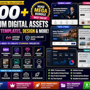 Op de afbeelding: Een digitale productadvertentie getiteld 1000+ Premium Digital Assets met diverse websitetemplates, UI-kits en designtools. De afbeelding toont categorie&euml;n zoals Business, E-commerce, Hotel en Gezondheid, met iconen voor WordPress, Elementor en WooCommerce, plus een downloadknop.