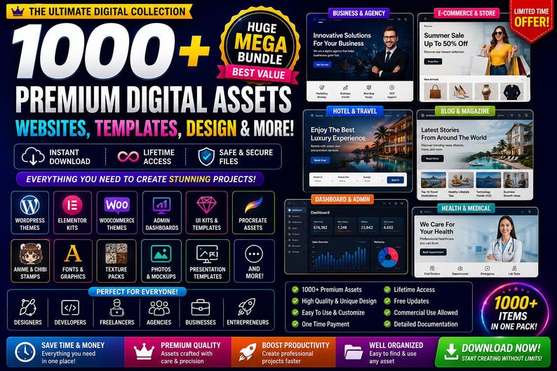 Op de afbeelding: Een digitale productadvertentie getiteld 1000+ Premium Digital Assets met diverse websitetemplates, UI-kits en designtools. De afbeelding toont categorie&euml;n zoals Business, E-commerce, Hotel en Gezondheid, met iconen voor WordPress, Elementor en WooCommerce, plus een downloadknop.