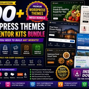 May include: A digital bundle advertisement for 100+ WordPress themes and Elementor kits. The graphic features text including The Ultimate Collection, Premium WordPress Themes Mega Bundle, and Instant Download, alongside various website previews.