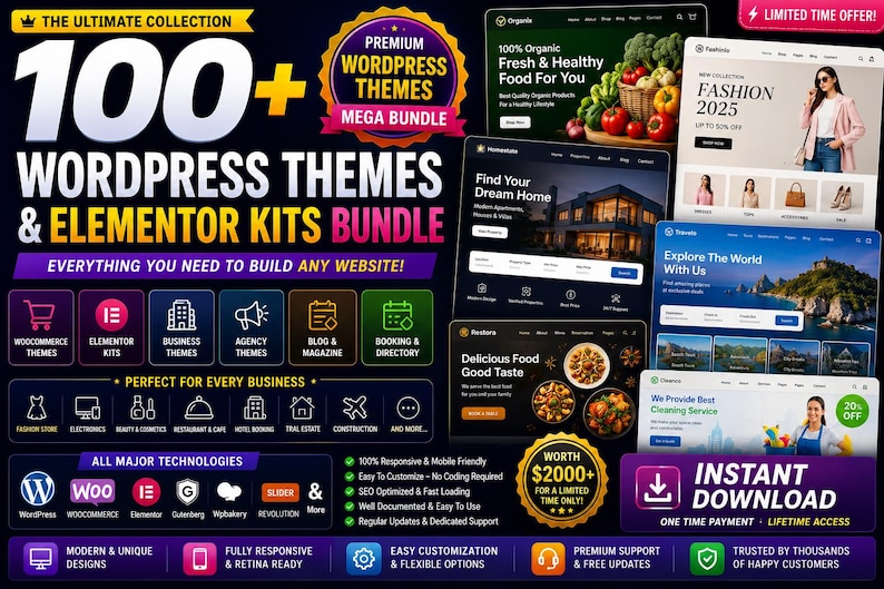 May include: A digital bundle advertisement for 100+ WordPress themes and Elementor kits. The graphic features text including The Ultimate Collection, Premium WordPress Themes Mega Bundle, and Instant Download, alongside various website previews.