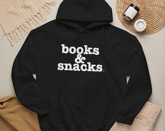 Books and Snacks Hoodie | Cozy Book Lover Sweatshirt |  Reading Hoodie | Unisex Black Hoodie | Gift for Readers and Writers