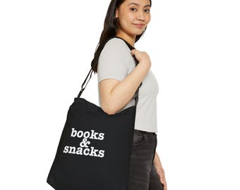 Books & Snacks Adjustable Tote Bag | Literary Shoulder Bag for Readers, Teachers, Writers