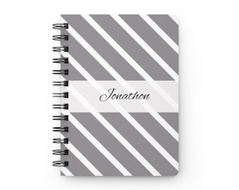 Personalized Striped Notebook | Custom 5x7 Spiral Journal | Gray Stripes | Teacher Gift | Writer Notebook | Cute Personalized Stationery