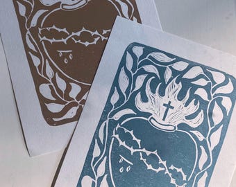 Sacred Heart of Jesus - Hand-printed, Original Linocut Print 5x7