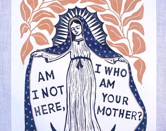Our Lady of Guadalupe - Hand-printed, Original Linocut Print 9x12