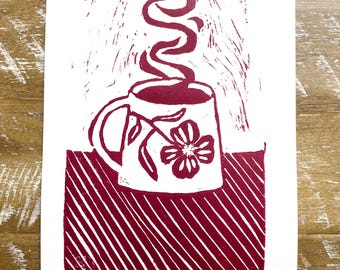 Slow Mornings - Hand-printed, Original Linocut Print 5x7