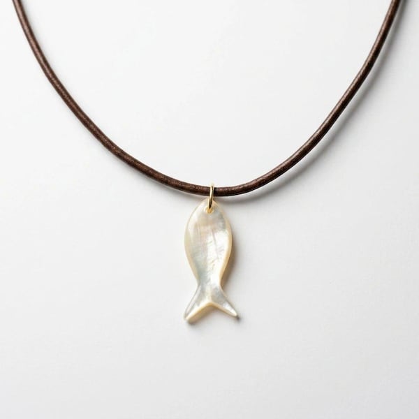 Mother of Pearl Fish Pendant Necklace – Adjustable Leather Cord, Coastal Boho Jewelry
