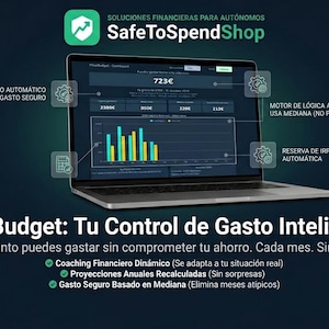 Puede incluir: Una computadora portátil muestra un panel financiero con gráficos y datos, con el texto "SafeToSpendShop" y "FlowBudget: Tu Control de Gasto Inteligente." La pantalla muestra un gráfico con barras verdes y amarillas, y el texto "723€".
