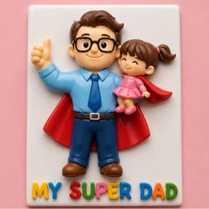 May include: A figurine of a father and daughter superhero duo. The father figure wears glasses, a blue shirt, and a red cape, giving a thumbs-up. The daughter wears a pink dress and cape. The base reads "MY SUPER DAD."