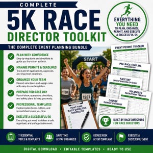 Pode incluir: Um kit de ferramentas digital para diretores de corridas de 5K, contendo um pacote de modelos, listas de verificação e planilhas para planejamento de eventos. A imagem exibe texto, incluindo o título e vários documentos de gestão.