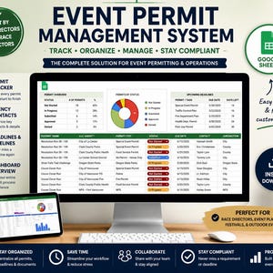 Könnte beinhalten: Ein Computermonitor und ein Tablet zeigen eine Benutzeroberfläche für ein Event-Genehmigungs-Managementsystem. Der Bildschirm zeigt Genehmigungsübersichten, Fristen und Agenturkontakte. Das System ist für Rennleiter, Eventplaner, Festivals und Outdoor-Events konzipiert.