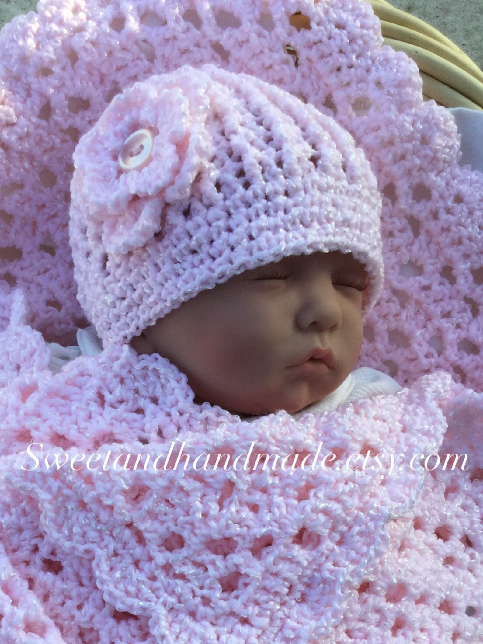 Pink Crochet Baby Blanket and Hat Set Receiving Blanket and Hat Baby