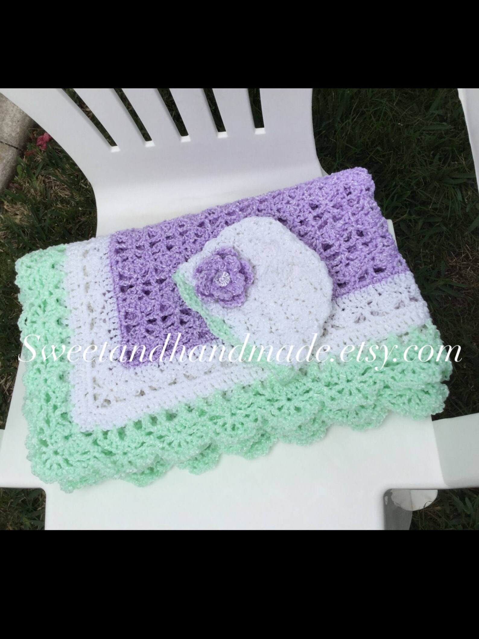 New Beautiful Lavender Crochet Baby Blanket and Hat Afghan Girl Blanket