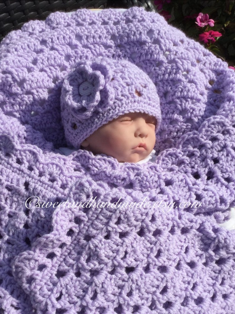 crochet baby afghan light lavender blanket and hat pink baby afghan baby shower gift bring baby home set