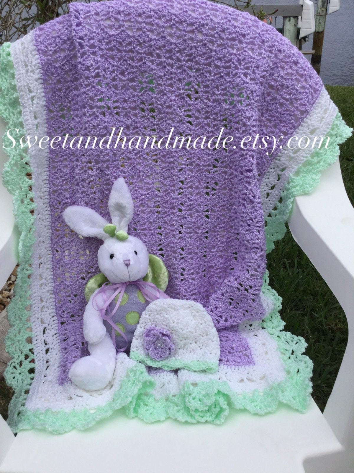 New Beautiful Lavender Crochet Baby Blanket and Hat Afghan Girl Blanket