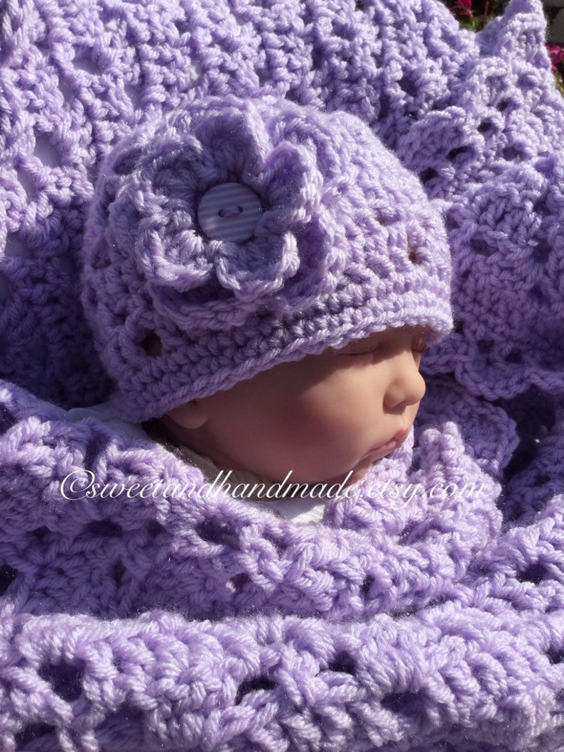 crochet baby afghan light lavender blanket and hat pink baby afghan baby shower gift bring baby home set