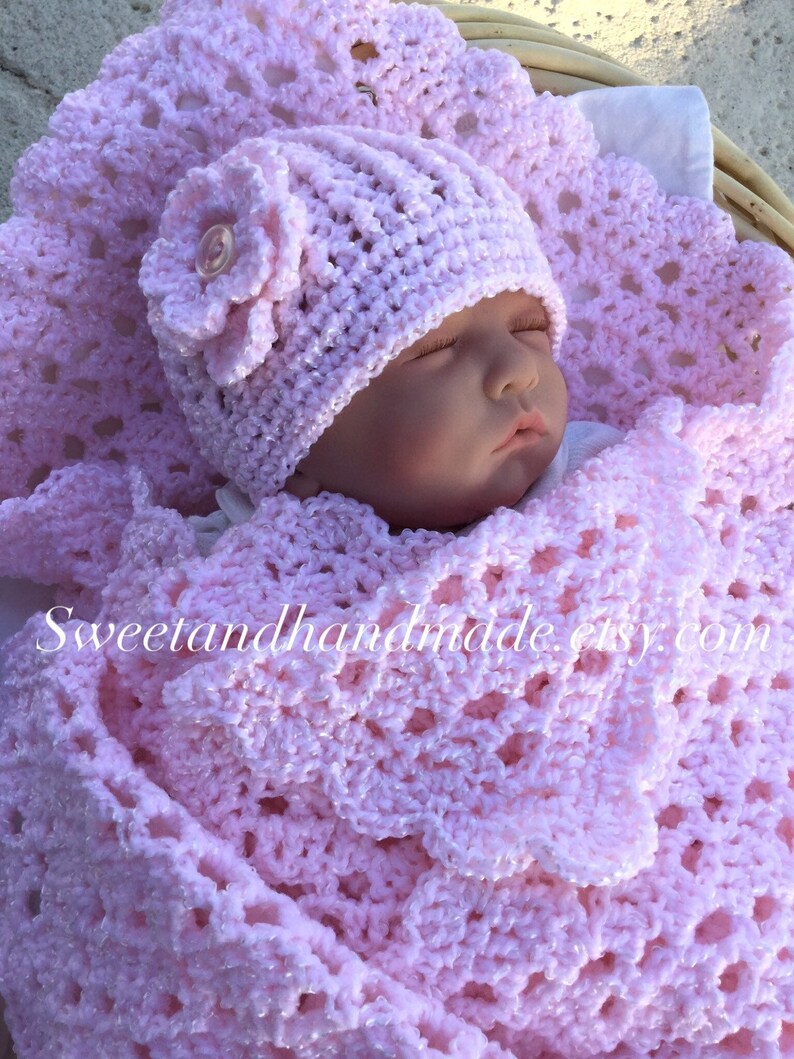 Pink Crochet Baby Blanket and Hat Set Receiving Blanket and Hat Baby