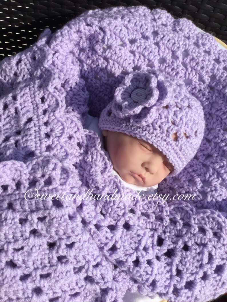 crochet baby afghan light lavender blanket and hat pink baby afghan baby shower gift bring baby home set