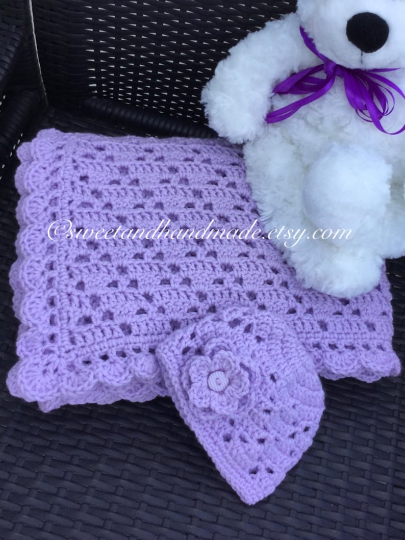 crochet baby afghan light lavender blanket and hat pink baby afghan baby shower gift bring baby home set