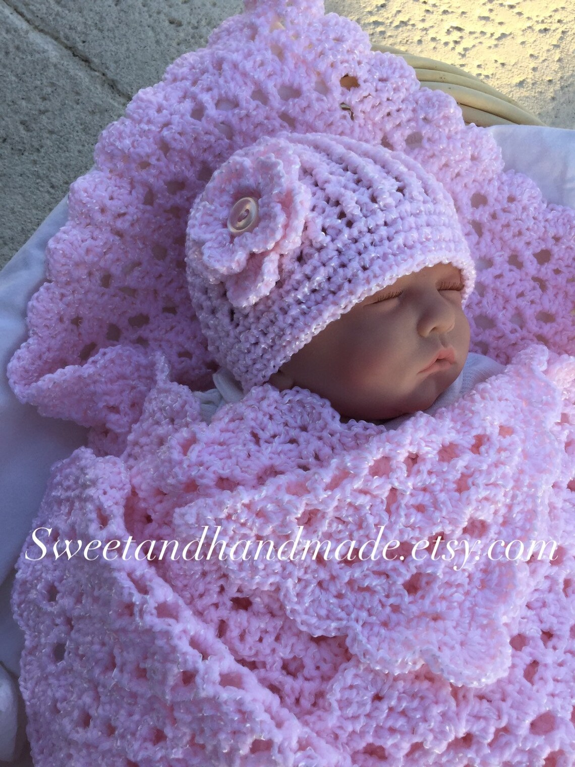 Pink Crochet Baby Blanket and Hat Set Receiving Blanket and Etsy