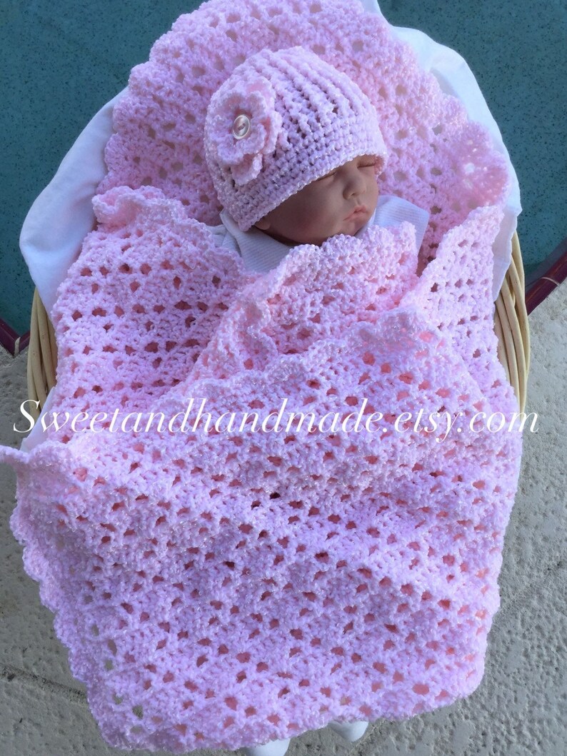 Pink Crochet Baby Blanket and Hat Set Receiving Blanket and Hat Baby