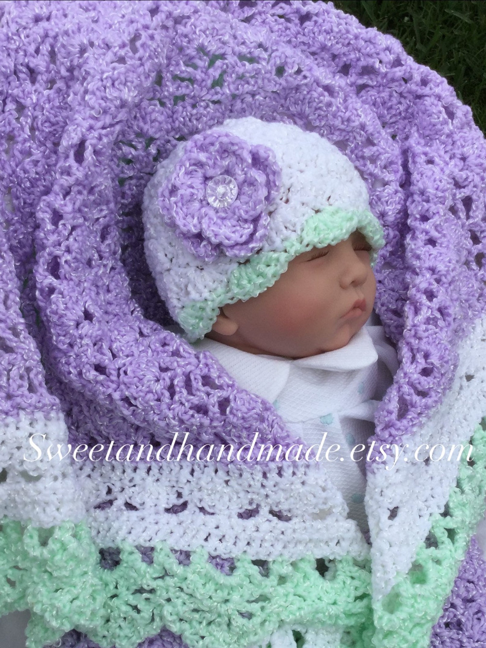 New Beautiful Lavender Crochet Baby Blanket and Hat Afghan Girl Blanket