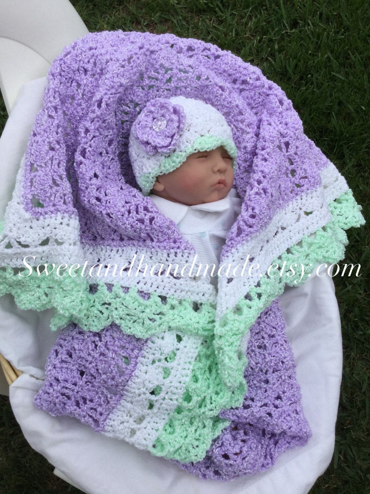 New Beautiful Lavender Crochet Baby Blanket and Hat Afghan Girl Blanket