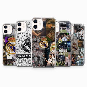 May include: A collection of five phone cases featuring Real Madrid imagery. Each case displays a different design, including the team's crest, player photos, and the words "Hala Madrid". The cases are designed to fit a smartphone.
