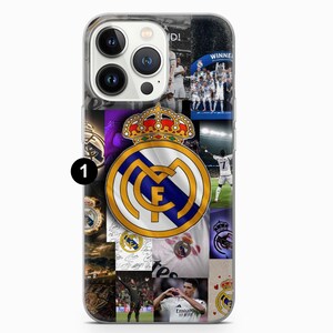 May include: Clear phone case featuring a collage of images related to a soccer team. The case includes the team's logo, a gold crown, and various action shots of players. The case is designed for a smartphone.
