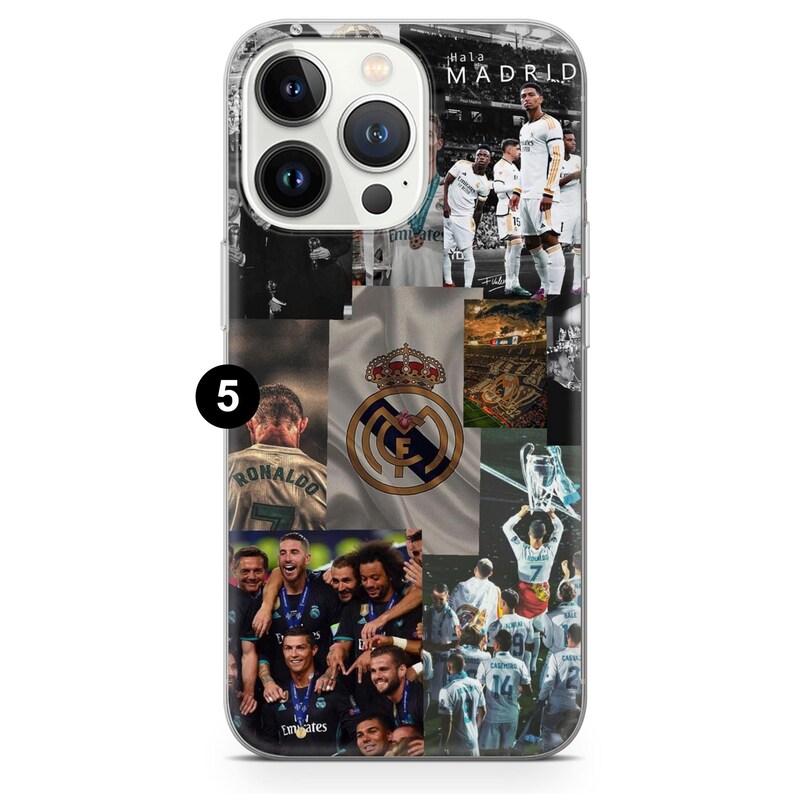 May include: Clear phone case with a collage of images related to a soccer team. The images include players, the team logo, and the words "Hala Madrid". The case is designed to fit a smartphone.