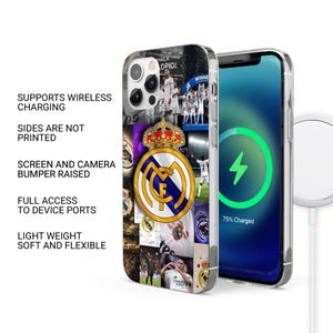 May include: Clear phone case featuring a collage of images and the Real Madrid logo. The case has the text "HALA DRID!" and "WINNE". The phone screen shows a charging symbol. The case supports wireless charging and is lightweight and flexible.