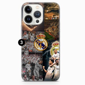 May include: A clear phone case featuring a collage of images related to Real Madrid football club. The design includes the team's logo, players, stadium views, and a crown. The case has a glossy finish and a number 3 in a black circle.