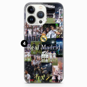 May include: A phone case featuring a collage of images related to Real Madrid. The design includes the team's logo, players in action, and the text "Real Madrid". The case has a clear, glittery border.