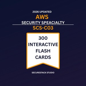 May include: A digital graphic with a dark blue background featuring the text 2026 UPDATED AWS SECURITY SPEACIALTY SCS-C03. A white banner with an orange border contains the text 300 INTERACTIVE FLASH CARDS. The text SECURESTACK STUDIO is at the bottom.