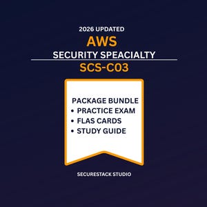 May include: A dark blue digital graphic for a 2026 updated AWS Security Specialty SCS-C03 package bundle. The text includes Practice Exam, Flas Cards, and Study Guide. The design features a white central banner with an orange border and Securestack Studio.