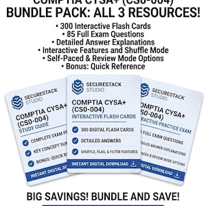 May include: A digital study bundle for CompTIA CySA+ (CS0-004) from SecureStack Studio. The set includes three white cards detailing 300 interactive flash cards, 85 full exam questions, detailed answer explanations, and a quick reference guide.